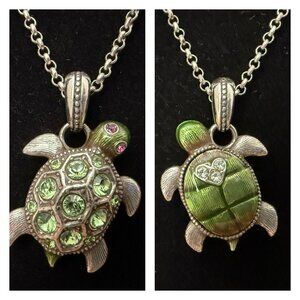 RARE Brighton Turtle Pendant Necklace Green Crystals Silver Plated Chain Adjust.